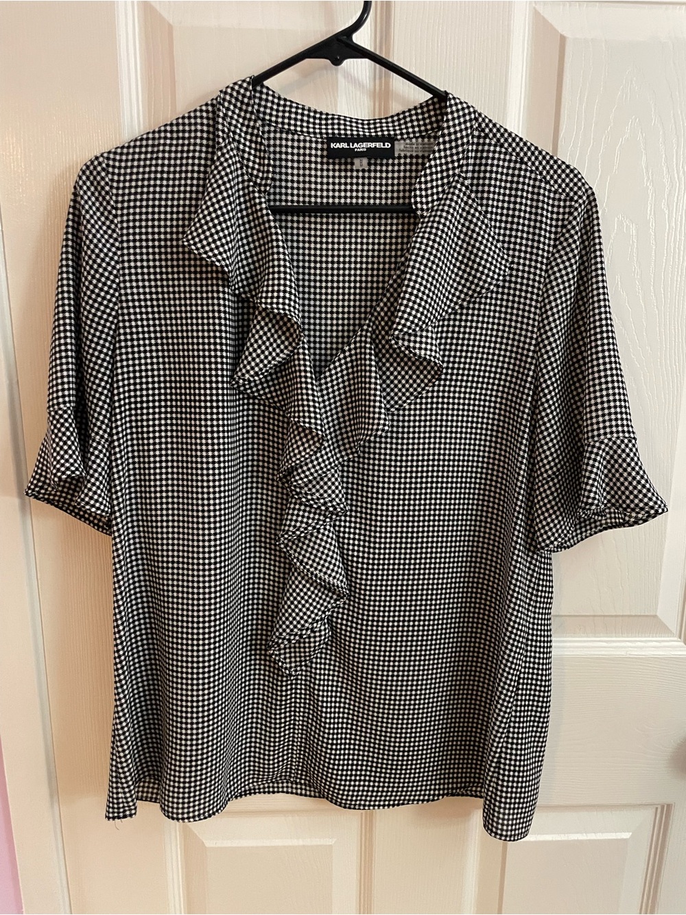 Karl Lagerfeld Black and White Gingham Ruffle Blouse